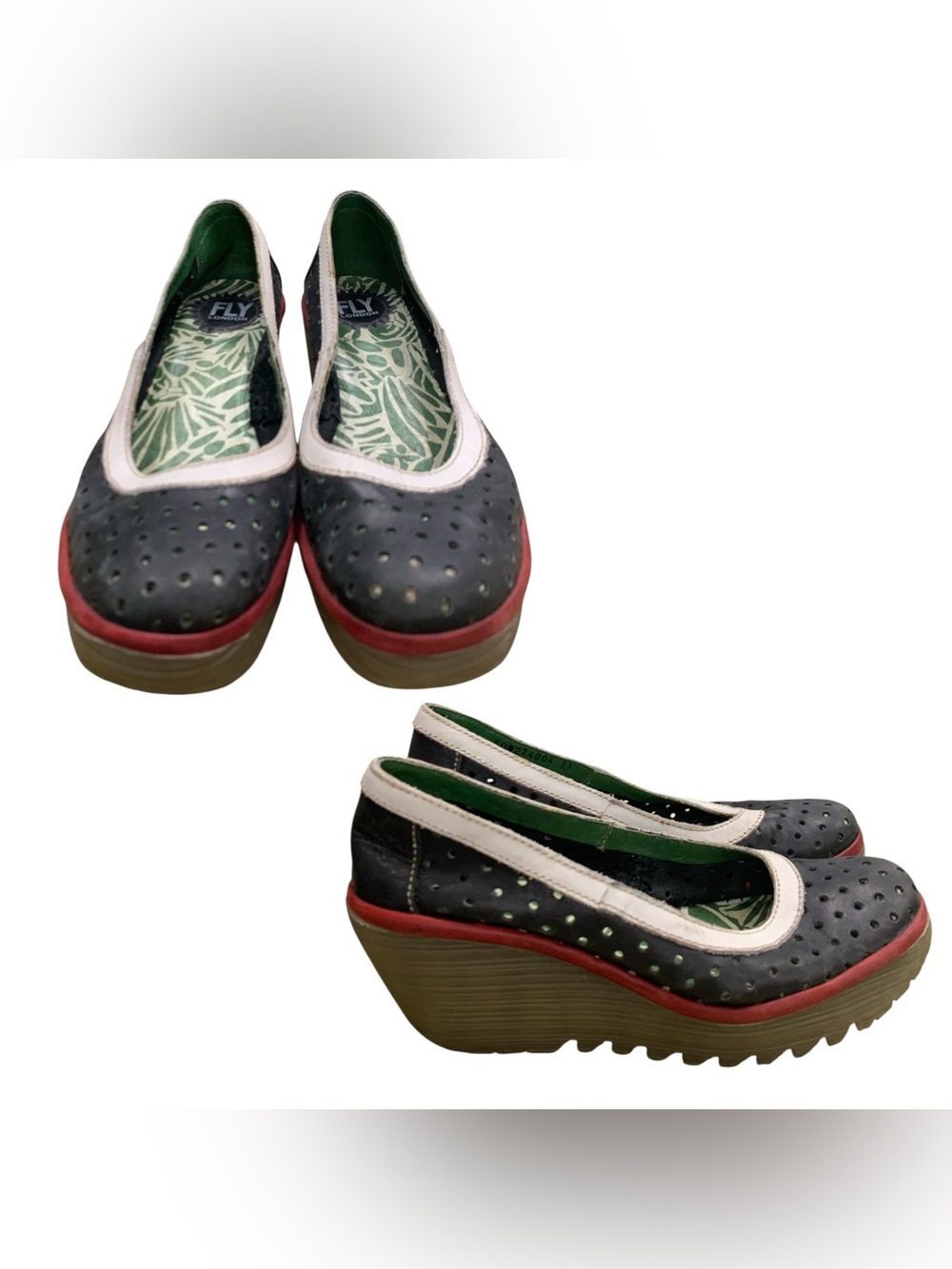 Fly London Black Wedge Shoes with White Trim and Red Accent S7